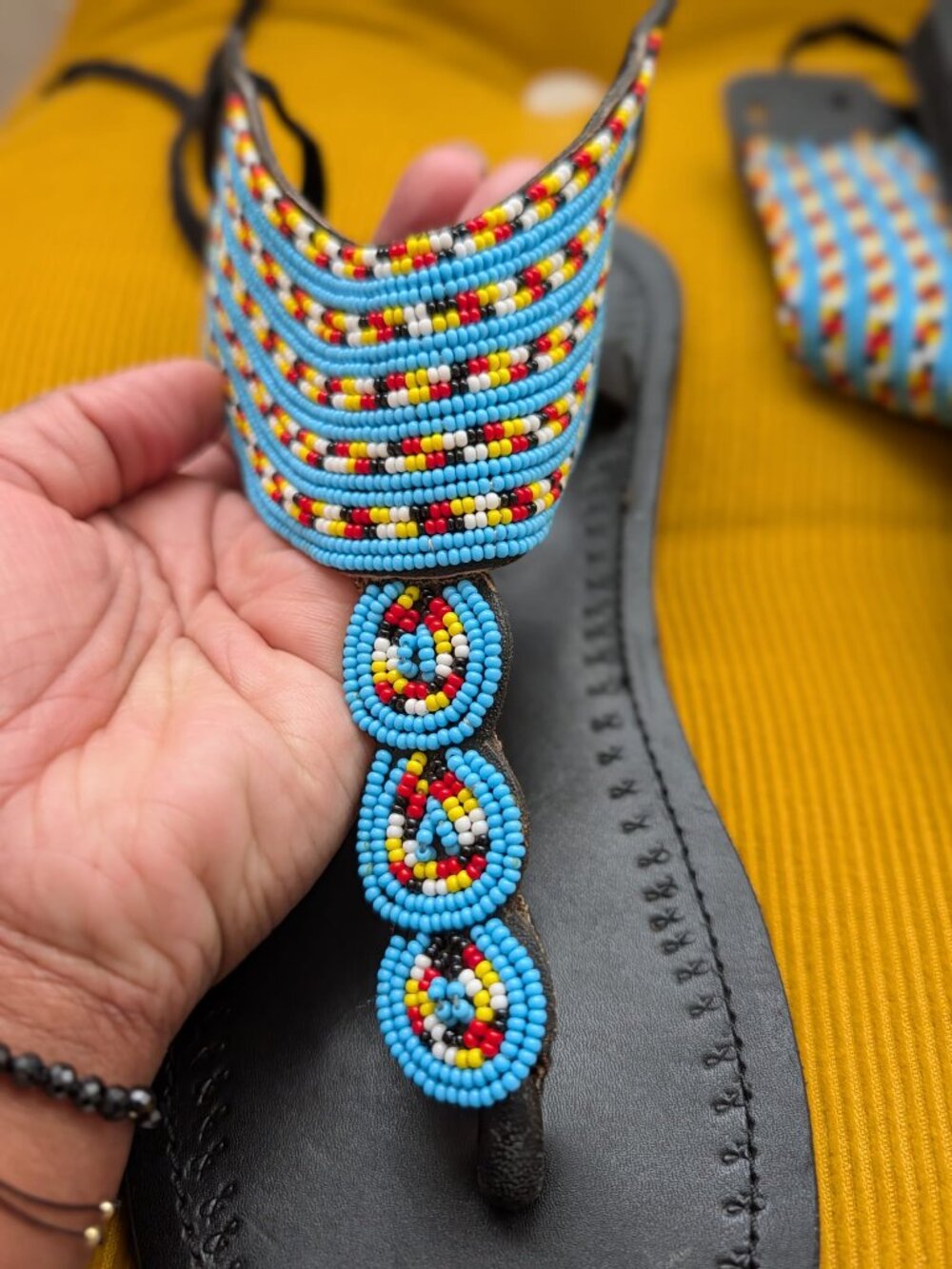 Handmade Beaded Leather Sandals | Turquoise Tribal Boho Thong Sandals | Artisan - Picture 2 of 5